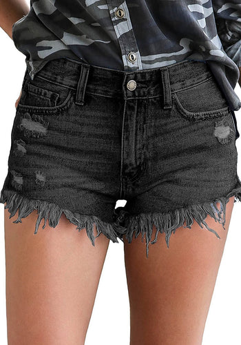 Maolijer Women's Mid Waisted Stretch Shorts Folded Hem Frayed Distressed Jean Denim Shorts